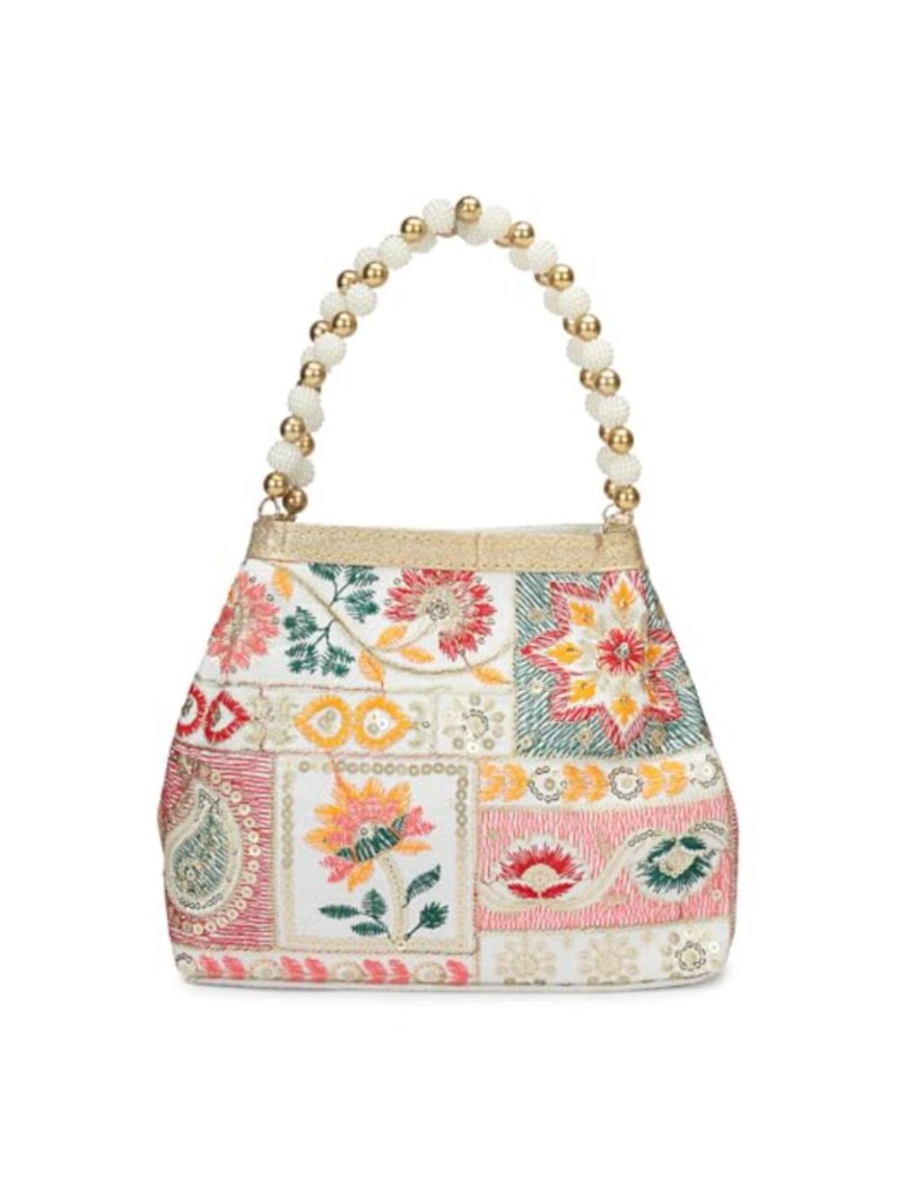 Floral Embroidered Potli Bag Beaded Handle Evening Clutch